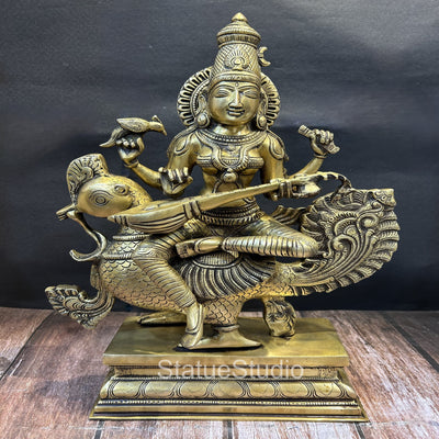 Brass Goddess Saraswati On Swan Playing Veena Antique Finish For Home Decor 19" - 463115