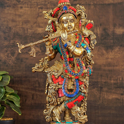 Brass Krishna Idol with Flute 20" by StatueStudio