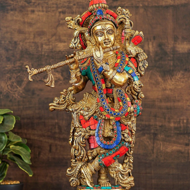 Brass Krishna Idol with Flute 20" by StatueStudio