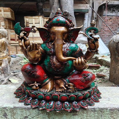 Brass Large Ganesha Idol Sitting On Lotus Base Antique Stone Work For Home Decor 2 Feet - 463071