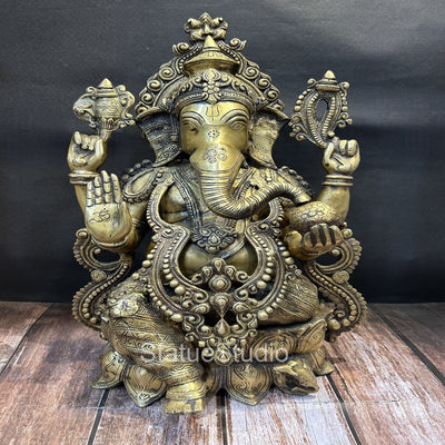 Brass Large Ganesha Idol With Jewellery On Lotus Base For Home Decor 2 Feet - 463112