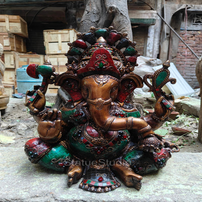 Brass Sitting Ganesha Idol Antique Stone Work For Home Decor 16" - 463073