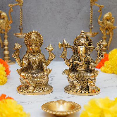 Ganesha Lakshmi Brass Statue 5 Inch 462472