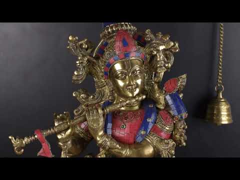 Brass Large Krishna Statue with Stonework 29" by StatueStudio