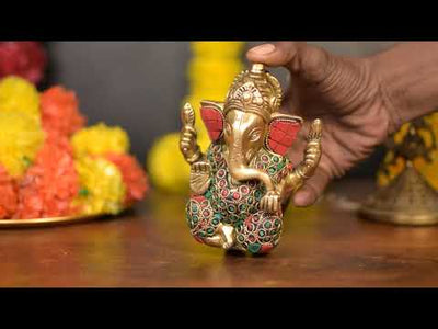 Brass Lord Ganapati Idol Stone Work For Home Decor Gifting 4"