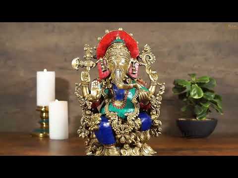Brass Ganesha Statue Sitting On Lotus Stone Work For Home Décor 16"