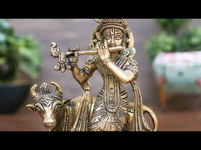 Brass Krishna Statue With Cow Idol Home Table Pooja Décor Statue Gift Showpiece 8"