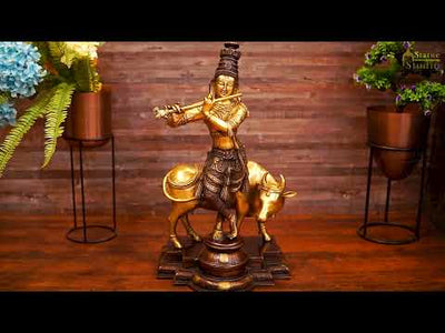 Brass Large Size Krishna With Cow Idol Home Office Garden Décor Statue 2 Feet