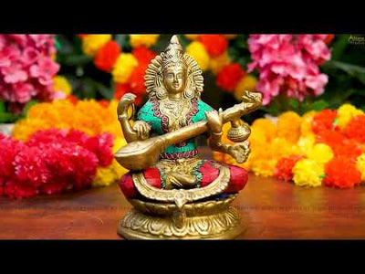 Brass Saraswati Idol For Home Temple Pooja Décor Lucky Gift Statue 9"