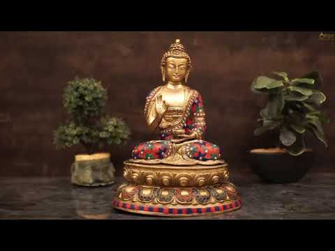 Brass Blessing Buddha Statue Stone Work For Home Decor Showpiece 13"