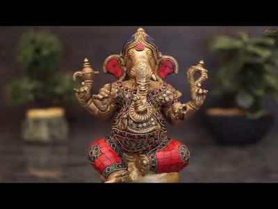 Brass Ganesha Statue On Base Sitting Idol Home Office Diwali Room Décor 9"