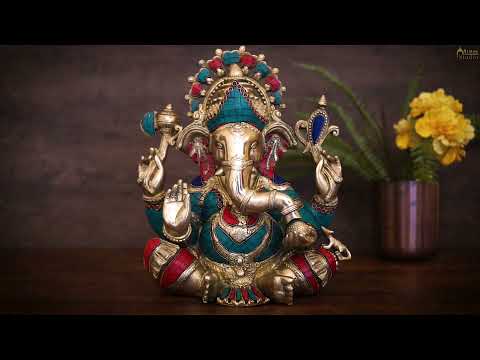 Brass Large Sitting Ganesha Statue Stone Work For Home Decor 1.5 Feet