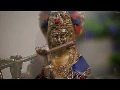 Brass Krishna Idol with Stonework 10" by StatueStudio