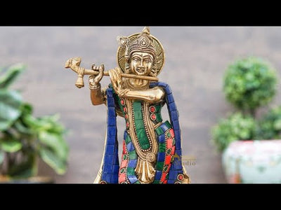 Brass Krishna Idol with Flute 10" by StatueStudio