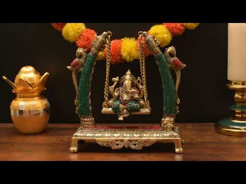 Brass Ganesha Jhula Idol Stone Work For Home Temple Decor 9"