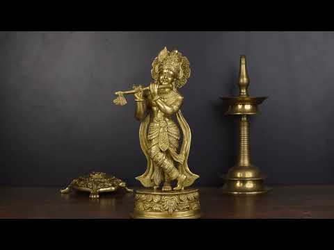 Brass Krishna Idol with Flute 13" by StatueStudio