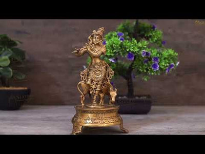 Brass Antique Krishna Statue with Cow 10" by StatueStudio