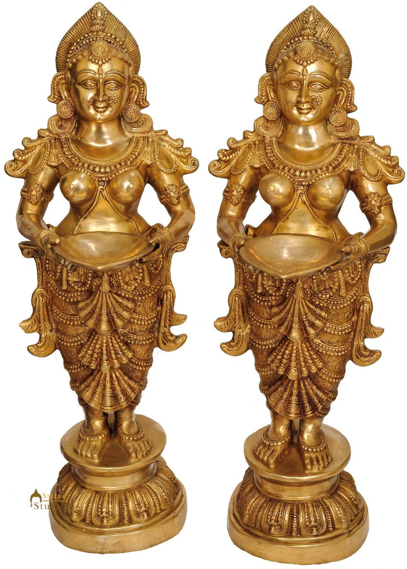 Brass Large Size Welcome Lady Statue Home Office Welcome Pooja
