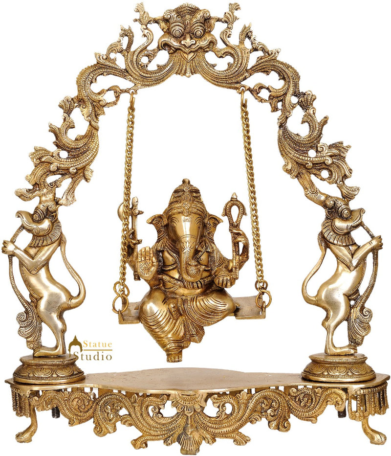 Brass Large Ganesha Idol On Swing For Home Office Temple Decor 1.5 Feet