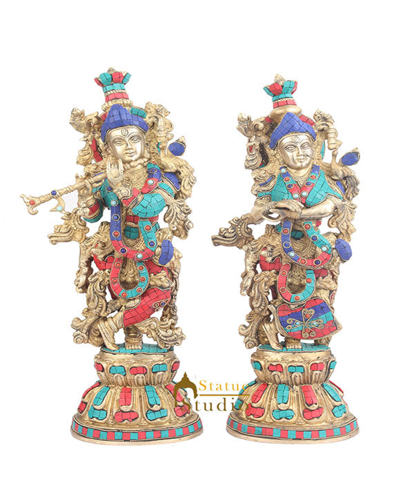 Large Size Brass Hindu Deity Radha Krishna Idol Home Décor Statue For Sale 21"