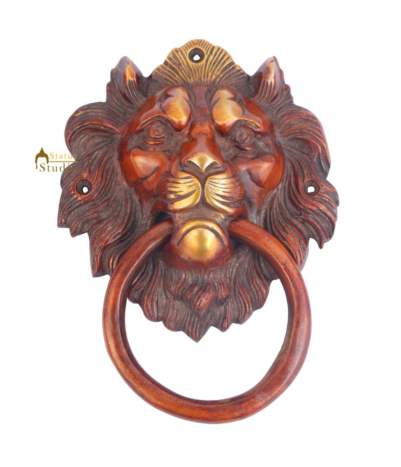 Brass Handicraft Home Decor Lion Head Design Red Door Knocker 8"