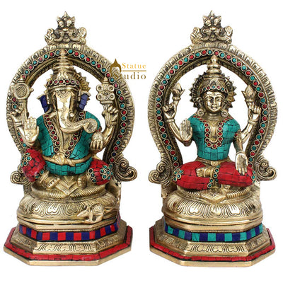 Indian Brass Hindu God Goddess Ganesh Laxmi Puja Idol Lucky Gift Statue 11" - 397700