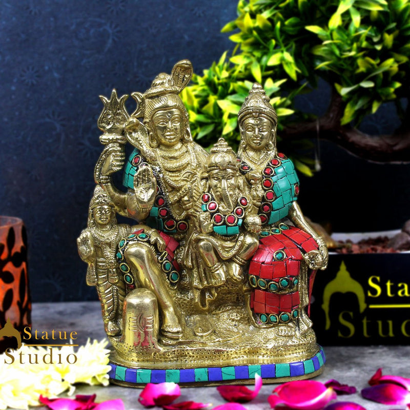 Brass Lord Shiva Family Statue Stone Work For Home Temple Decor 7" - 400000