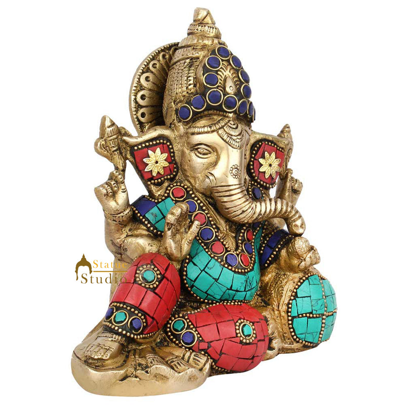 Multicolor Diwali Wedding Gift Ganesh Ganpati Inlay Idol Lucky Décor Statue 7"