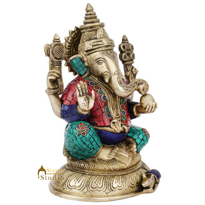 Indian Hinduism Lucky Ganpati Vinayak Lambodar Ganesh Idol Décor Inlay Statue 8"