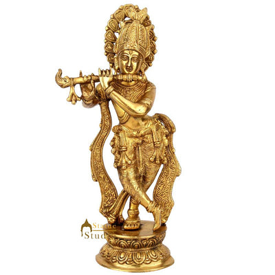 Indian Brass Hindu Lord Krishna Fluting Idol Fine Gift Décor Statue Figurine 13"