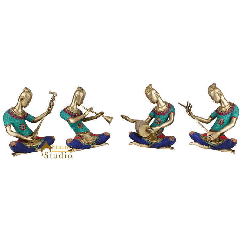 Brass Turquoise Coral Inlay Musical Set 4 pcs Décor Gift Showpiece Figurine 13"