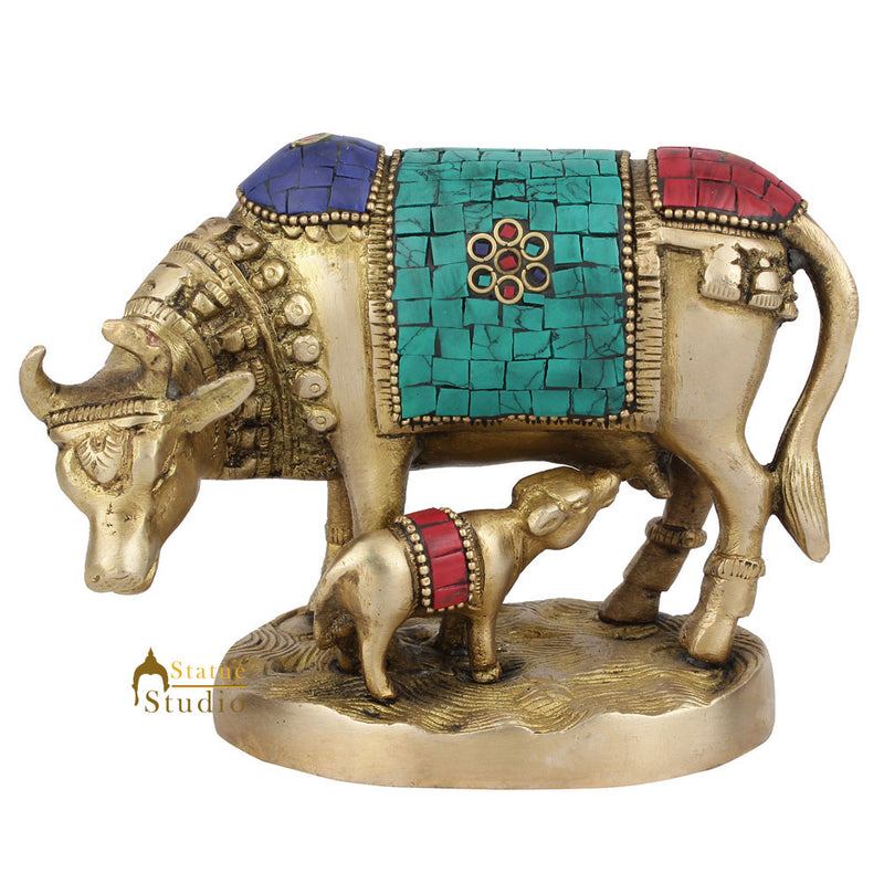 Indian Hindu Holy Sacred Cow Calf Statue Temple Décor Lucky Gift Murti Inlay 4" - 432100