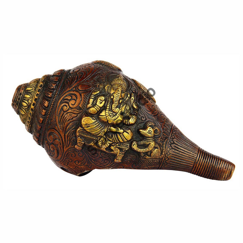 Brass handcrafted sculpture fine shankh cooch ganesha engraved showpiece 5"