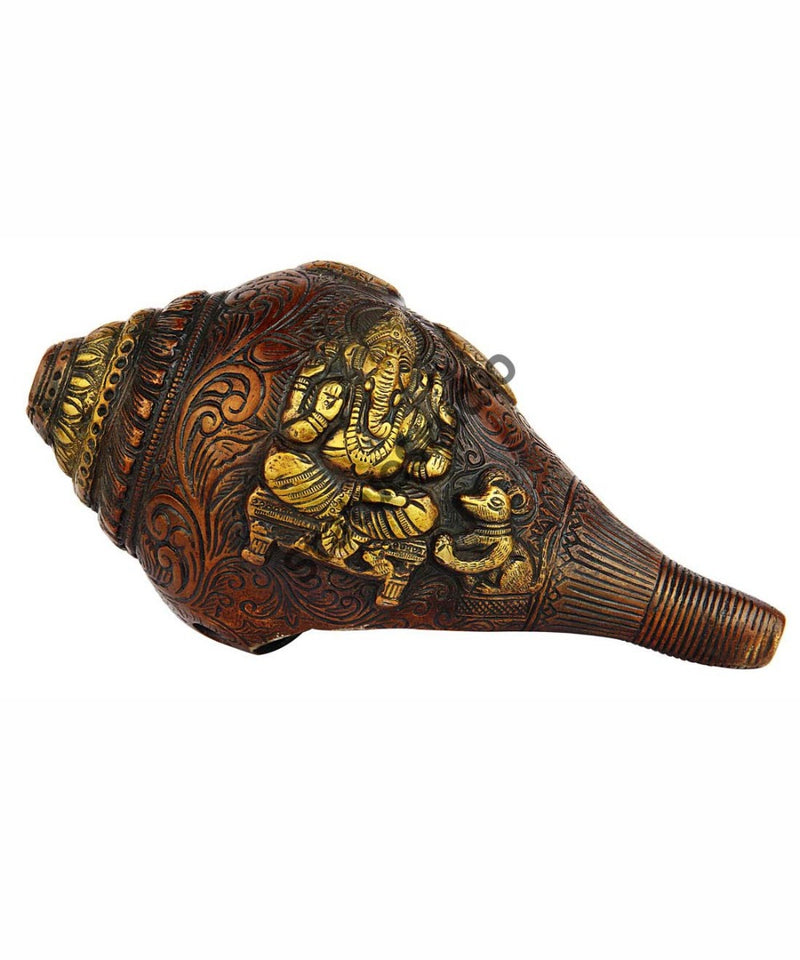 Brass handcrafted sculpture fine shankh cooch ganesha engraved showpiece 5"
