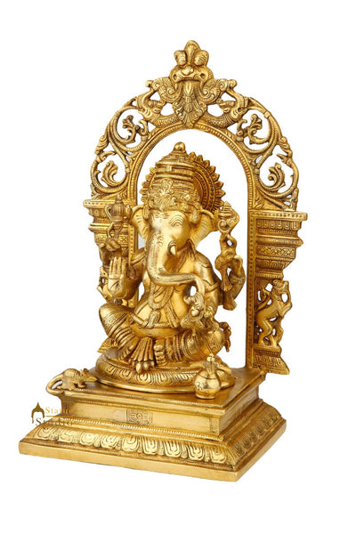 Brass Ganesha Statue With Temple Arch For Home Mandir Decor 16"