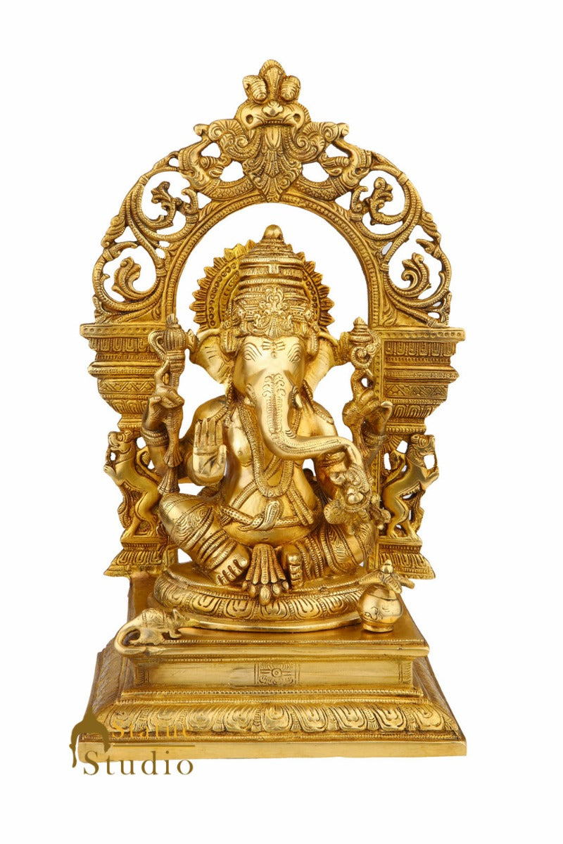Brass Ganesha Statue With Temple Arch For Home Mandir Decor 16"