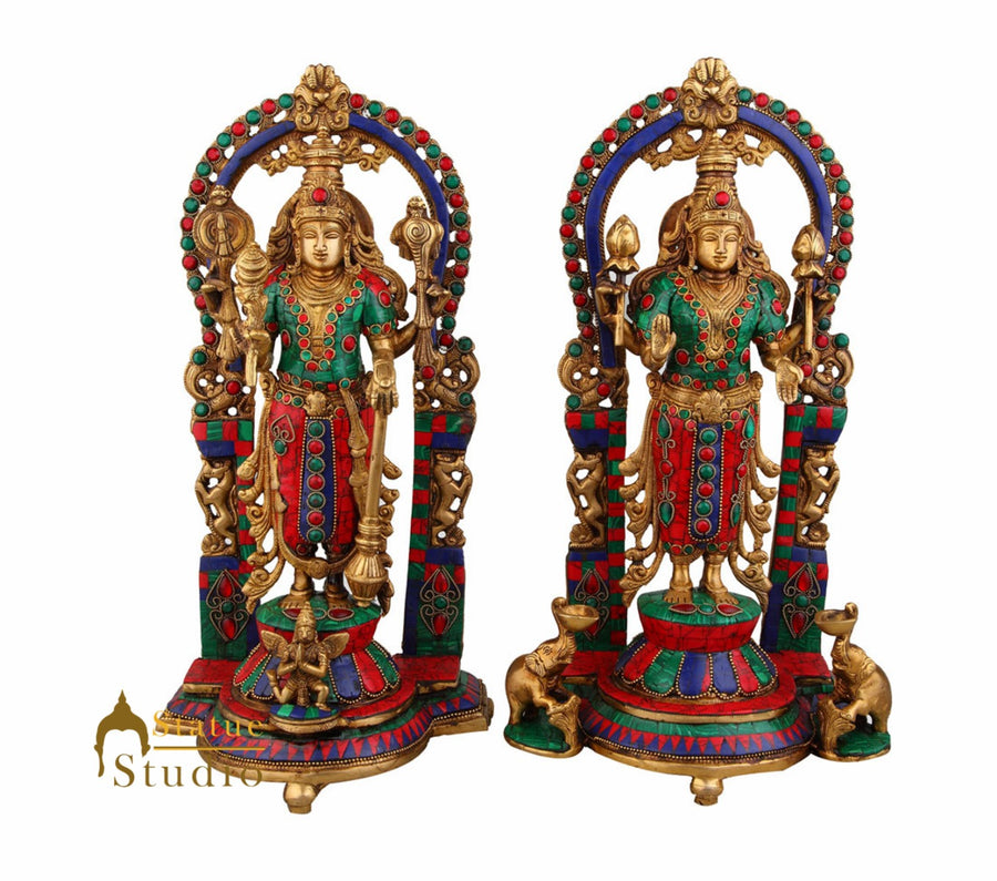 Hindu God Goddess Vishnu Lakshmi Laxmi Standing Inlay Décor Statue Idol 14" - 447700