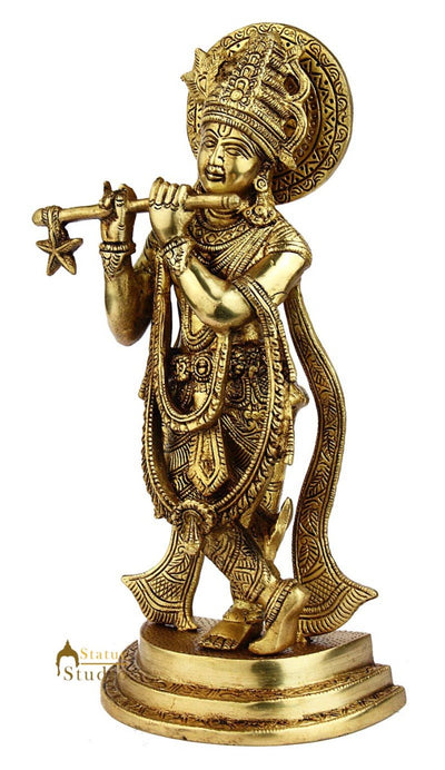 Hindu god deity lord krishna murti with flute standing statue idol figure 11"