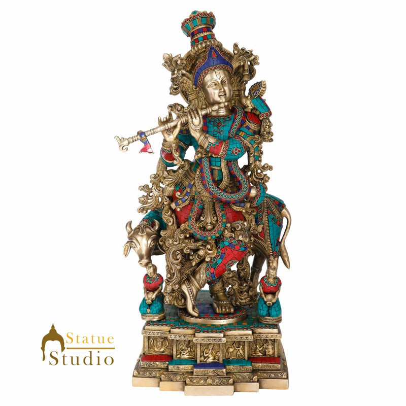 Large Brass Inlay Lord Krishna Fluting With Cow Décor Gift Idol Statue Murti 28" - 459805