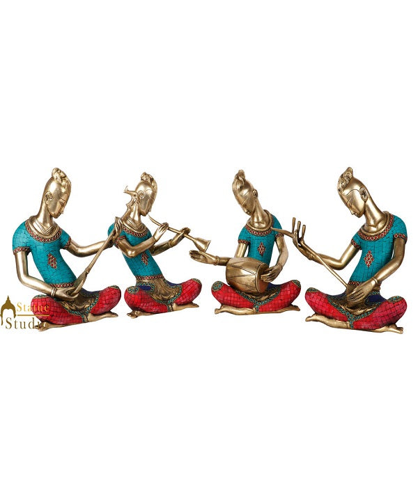 Indian Brass Handicraft Musician 4 pc Set Fine Inlay Décor Showpiece Statue 14"