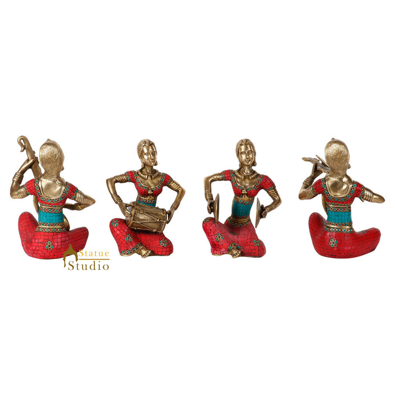 Indian Brass Musician Ladies 4 pc Set Fine Inlay Décor Showpiece Statue 11"