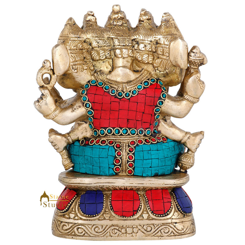 Brass Inlay Panchmukhi Ganpati Statue Ganesha Décor Gift Idol Showpiece 7"