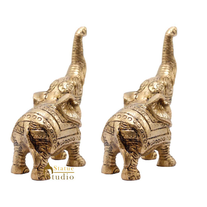 Indian Brass Elephant Pair Lucky Feng Shui Vastu Home Decorative Showpiece 3"