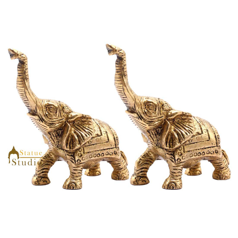 Indian Brass Elephant Pair Lucky Feng Shui Vastu Home Decorative Showpiece 3" - 460444