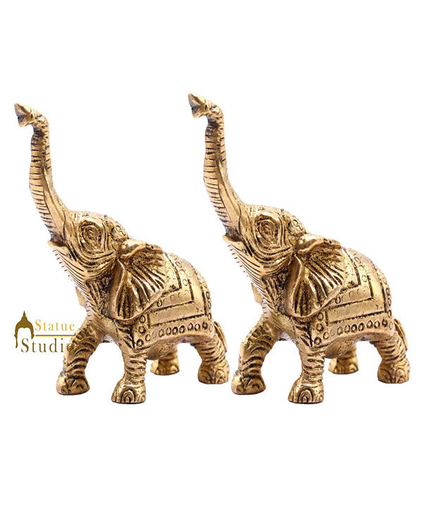 Indian Brass Elephant Pair Lucky Feng Shui Vastu Home Decorative Showpiece 3"