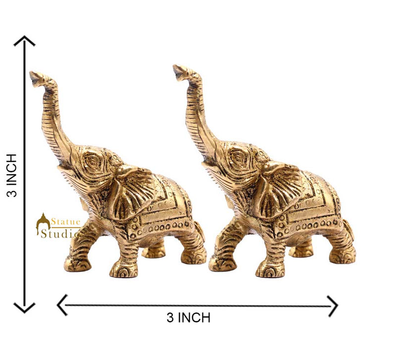 Indian Brass Elephant Pair Lucky Feng Shui Vastu Home Decorative Showpiece 3"