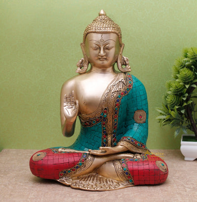 Brass Blessing Buddha Statue Stone Work Showpiece For Home Decor Gift 1 Feet