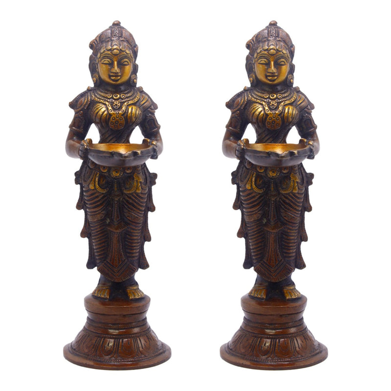 Brass Standing Deep Lady DeepLakshmi Idol Pair For Home Temple Pooja Room Diwali Décor Statue 9"