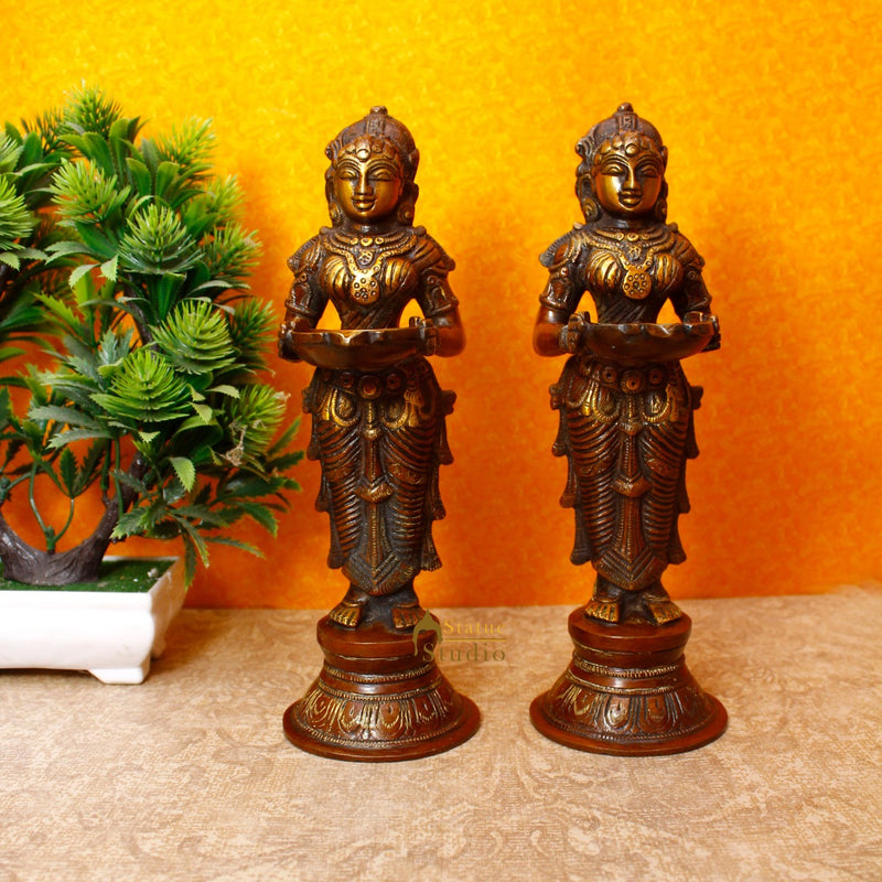 Brass Standing Deep Lady DeepLakshmi Idol Pair For Home Temple Pooja Room Diwali Décor Statue 9"