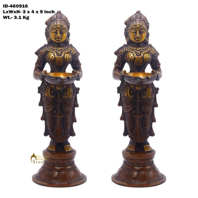 Brass Standing Deep Lady DeepLakshmi Idol Pair For Home Temple Pooja Room Diwali Décor Statue 9"